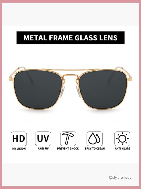 Retro Square Aviator Sunglasses with Metal Frames and Glass Lenses main image 7